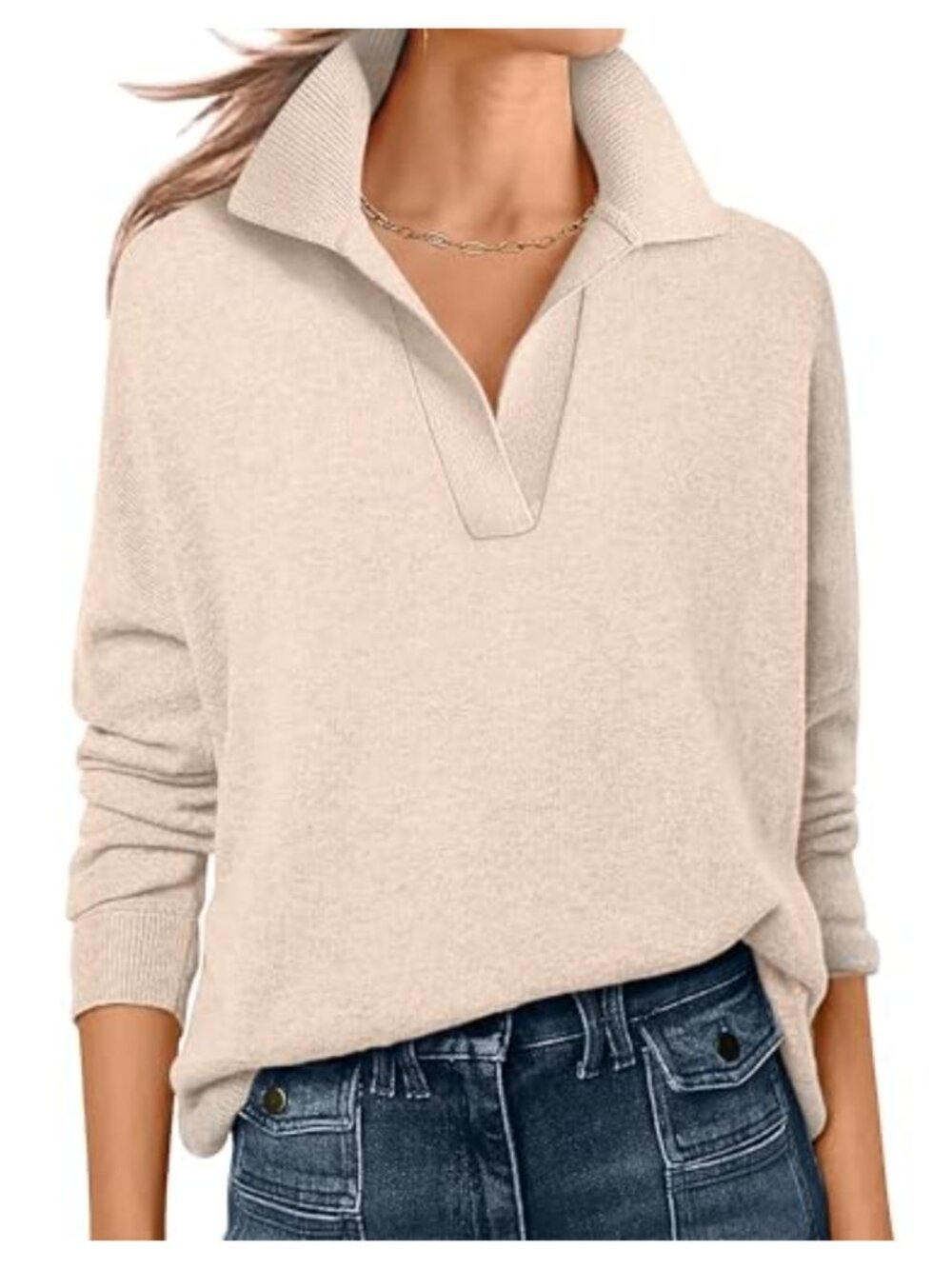 Women's Polo V Neck Lightweight Fall Sweater Long Sleeve Pullover